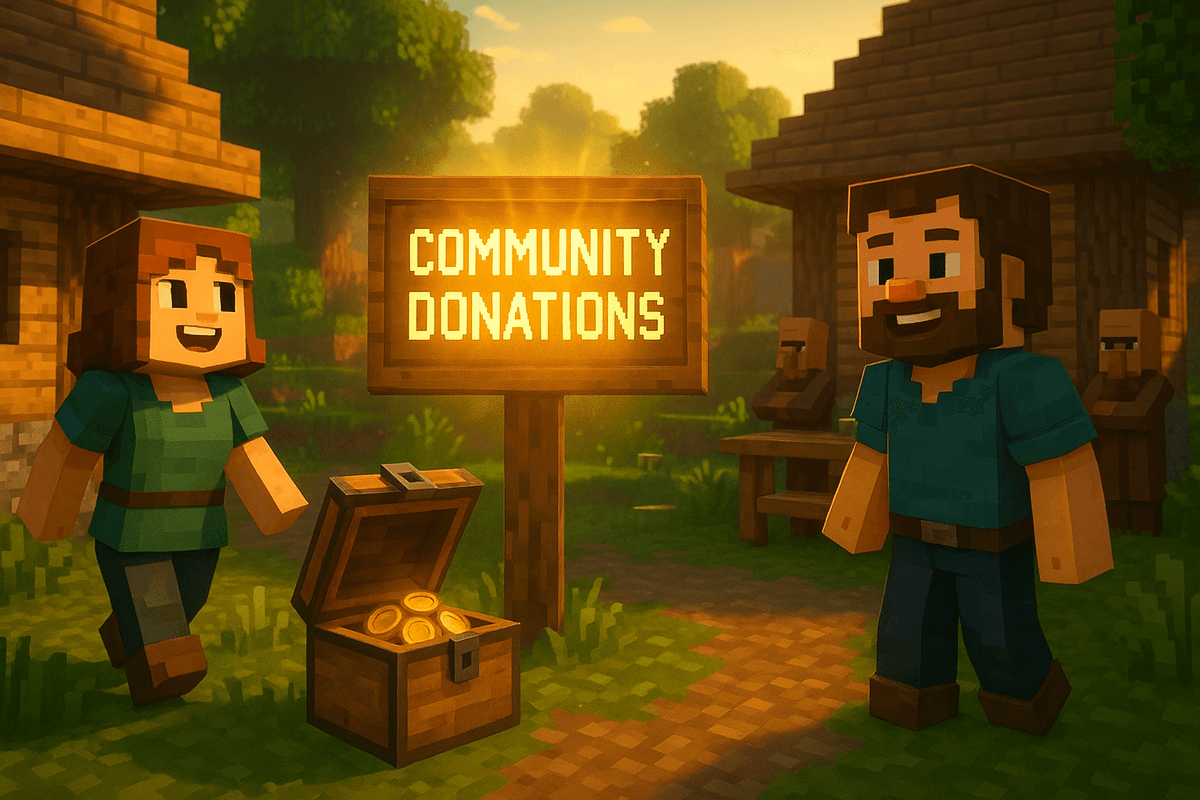 Minecraft-style sign reading "Community Donations" with villagers, players, and a glowing treasure chest nearby.