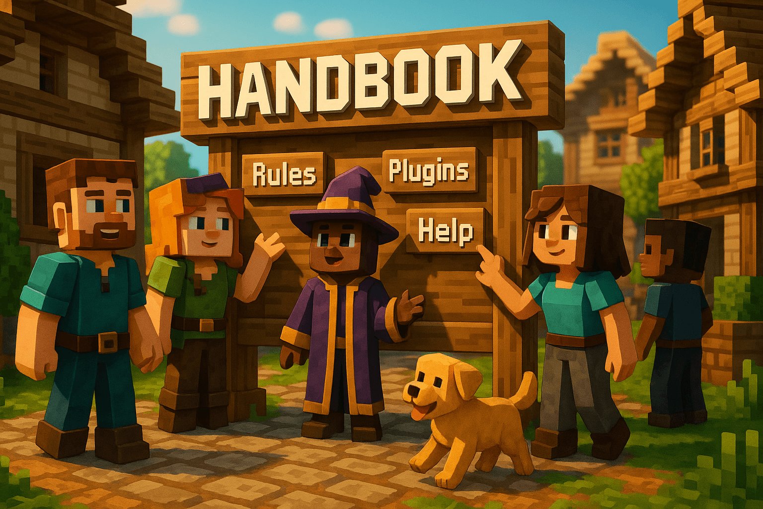 Minecraft characters around a village sign labelled Handbook